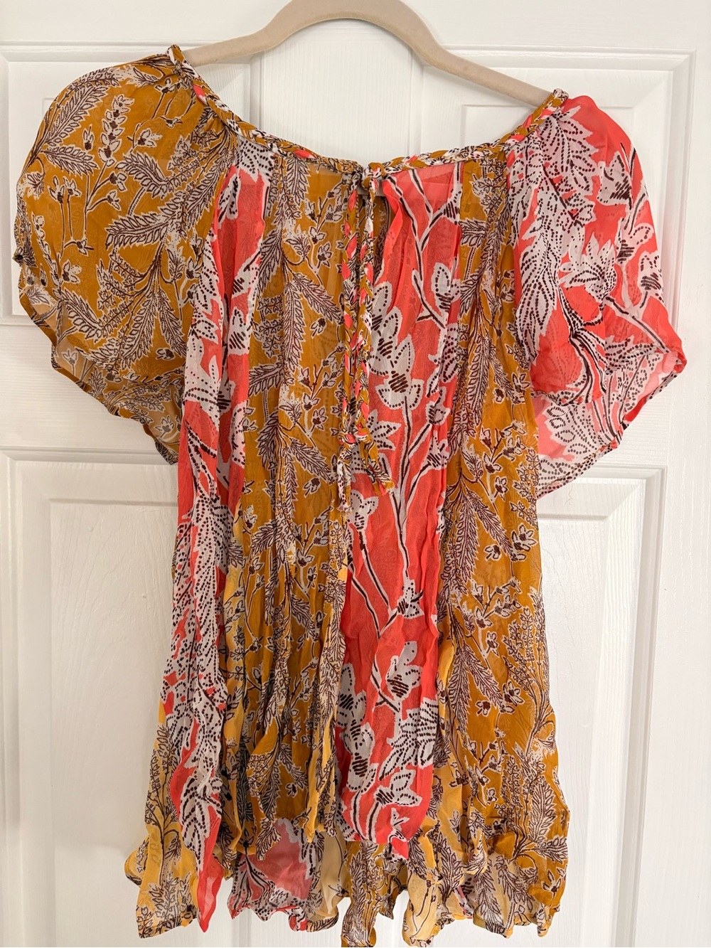 Anthropologie Floral Boho Blouse Tunic XL Coral Mustard Flutter Sleeve